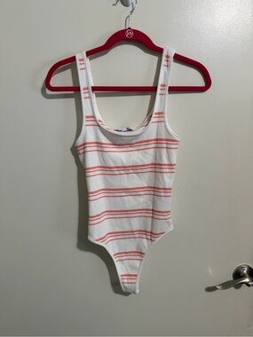 Steve Madden White and Coral Striped Tank Bodysuit